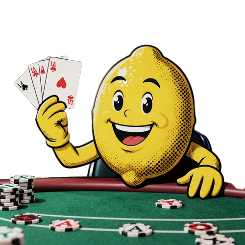 Lemon Maskottchen als Blackjack-Dealer mit Karten am Tisch