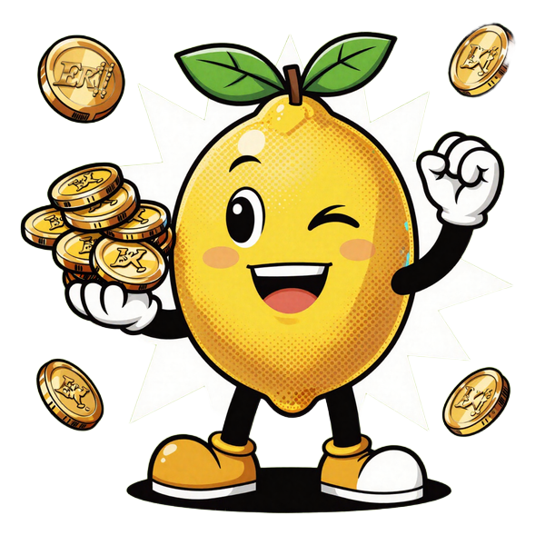 Lemon Casino Maskottchen greift Jackpot Goldm&uuml;nzen in Siegerpose